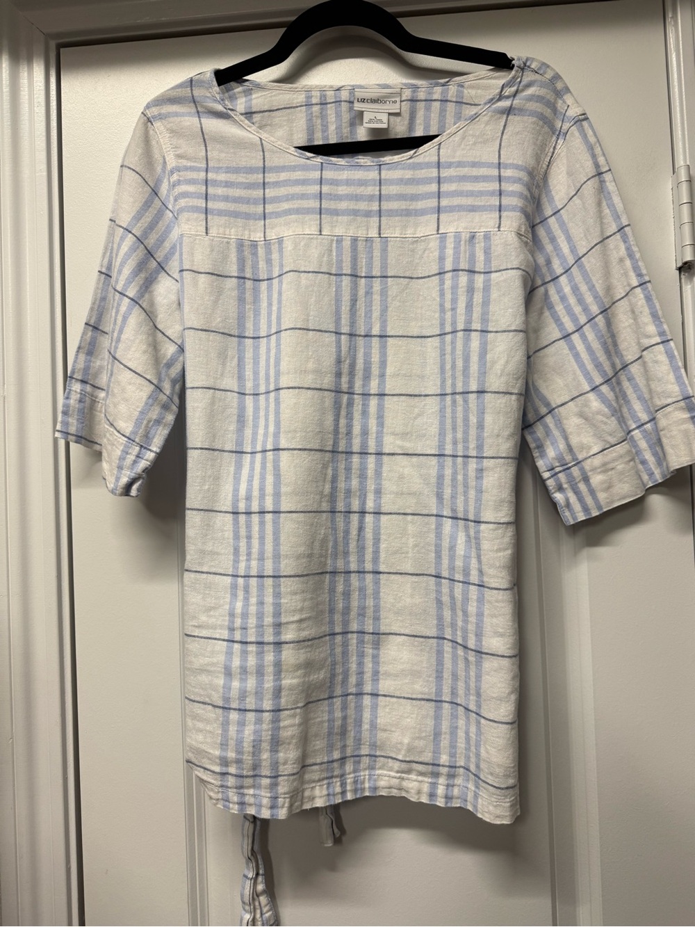 Liz Claiborne Linen Blend Blue & White Plaid Tie Back Top Size L